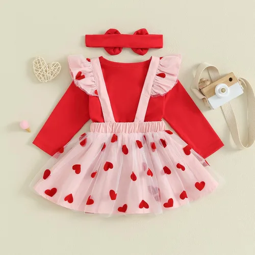 Vista 17 de My First Valentine's Day - Conjunto de ropa para bebé niña con volantes, manga larga, estampado de corazón, falda con tirantes
