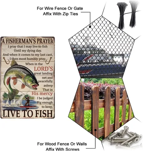 Vista 4 de SUPERDANT Letreros de lata de pesca vintage con texto en inglés «Live to Fish» de metal «A Fisherman's Signs», cartel divertido para pared, arte