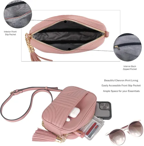 Vista 3 de EVVE Bolsos cruzados acolchados para mujer, elegante bolsa para cámara con borla, bolso de hombro ligero de tamaño mediano