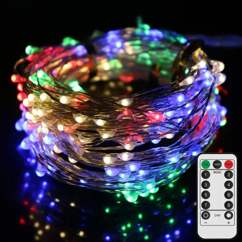 Vista 7 de Luces LED de alambre plateado de 40 pies, 240 pies, funciona con pilas, 8 modos de iluminación, impermeables, con control remoto de 13 teclas