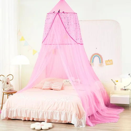 Vista 14 de Dosel de Cama para Niñas con Luces de Estrellas, Cortinas de Dosel de Cama de Princesa con Mosquitero de Estrella Dorada para Decoración de Rosa