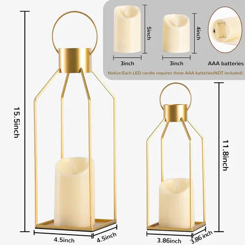 Vista 5 de NITIME 2 faroles decorativos de metal dorado de 12/15 pulgadas (sin vidrio), faroles de metal dorado decorativos para exteriores con 2 velas LED