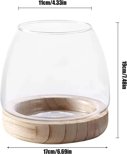 Vista 2 de Jarrón de cristal con base de madera desmontable, pequeña planta hidropónica de escritorio, terrario ecológico para acuario, florero para peces