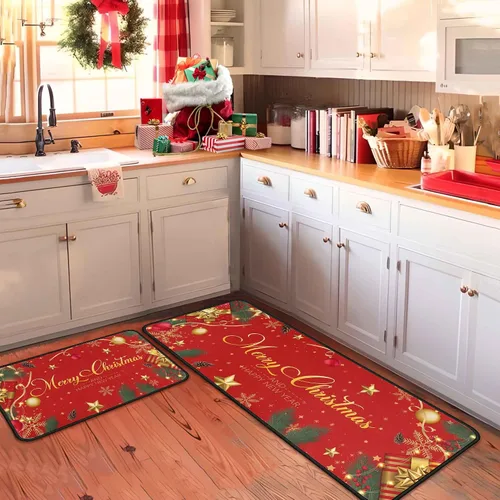 Vista 3 de Juego de 2 alfombras y tapetes de cocina navideños, decoraciones navideñas para el hogar con respaldo antideslizante, alfombra de cocina