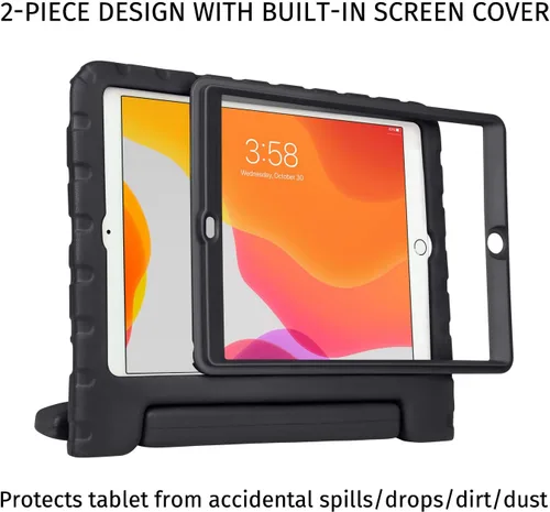 Vista 3 de HDE Funda para iPad de 9ª generación de 10.2 pulgadas para niños con protector de pantalla integrado a prueba de golpes con soporte de asa para Negro