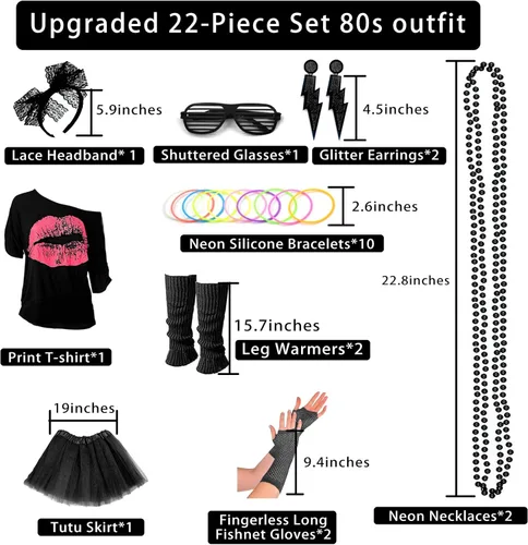 Vista 2 de Disfraz mejorado de los años 80 para mujer, conjunto de accesorios de disfraz de fiesta de los años 80 con camiseta, falda tutú, cintura, etc