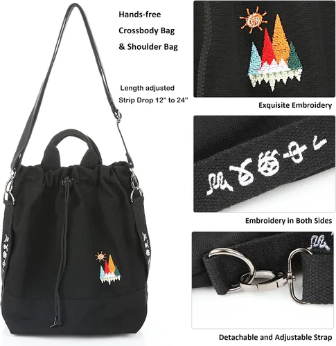 Vista 4 de Bolso bandolero de lona para mujer, estilo informal, con bordado de sol