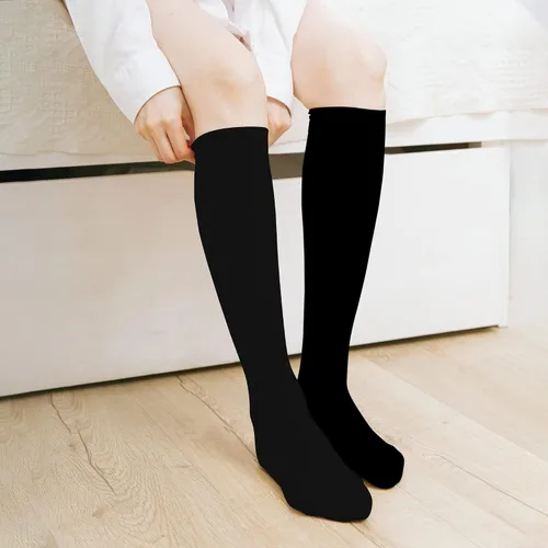 Vista 6 de KONY Calcetines de algodón de rodilla alta, para mujer, casual, color sólido y triple rayas, a la moda, 3 pares (talla 5 9)