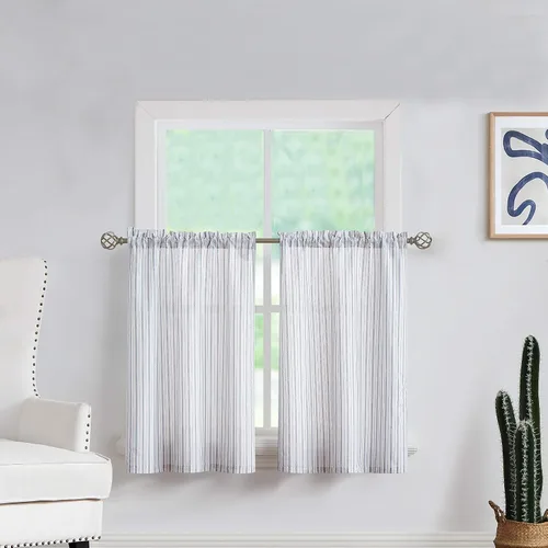 Vista 11 de SXZJTEX Cortinas de Cocina a Rayas para Cafetería, Niveles Rústicos Translúcidos con Rayas Finas, Cortinas para Ventanas Pequeñas con Bolsillo