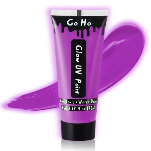 Vista 8 de Go Ho Pintura corporal azul neón lavable (2.37 onzas, 2.4 fl oz), pintura facial neón con luz negra UV, pintura facial azul fluorescente a base