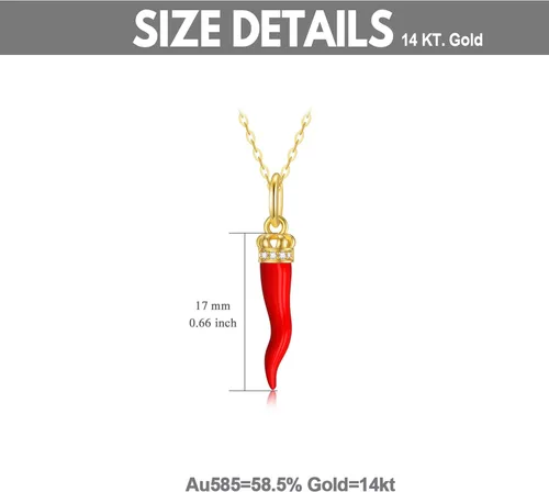 Vista 4 de WSX Collar de cuerno italiano de Cornicello de oro amarillo de 14 quilates para mujer con dije de pimienta trenzada, ideal para regalo para ella