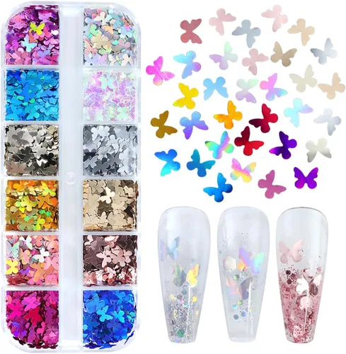 Vista 2 de 12 rejillas holográficas de mariposa para arte de uñas, lentejuelas con purpurina láser 3D brillantes para diseño de uñas acrílicas, paillettes