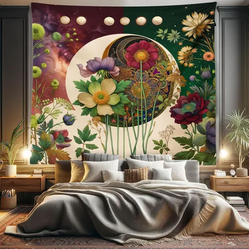Vista 8 de Ambesonne Tapiz verde, fases lunares alrededor de un árbol de la vida, impresión de diseño bohemio de astrología nocturna, decoración de tela