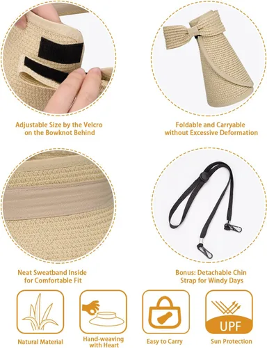 Vista 6 de MAYLISACC Viseras solares plegables de paja para mujer, protección solar de ala ancha, sombrero de playa ajustable en topless