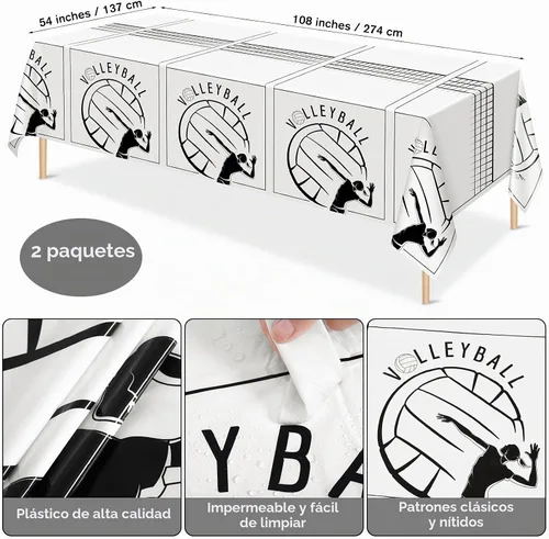 Vista 3 de durony 130 piezas de suministros de fiesta de voleibol, mantel de plástico, platos, tazas, servilletas, cubiertos, voleibol, decoraciones