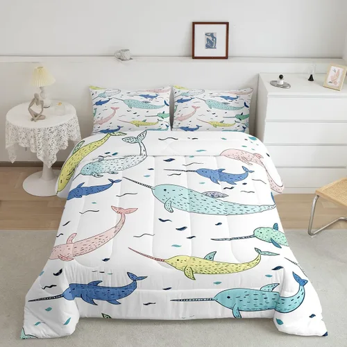Vista 2 de Erosebridal Narwhal - Juego de edredón de ballena oceánica, edredón de plumón náutico costero para niños y niñas, vida marina, animales de dibujos
