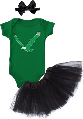 Vista 7 de Eagle - Conjunto de body deportivo para bebé + falda tutú + diadema con lazo Body negro/tutú verde