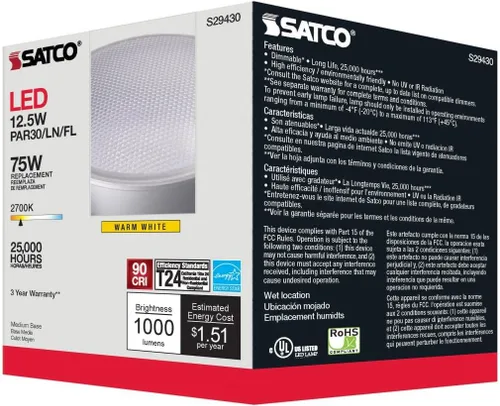 Vista 3 de Satco S29430-Bombilla LED PAR30LN de 12,5 vatios; 2700 K; 20 voltios
