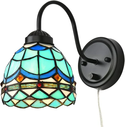 Vista 14 de Tiffany - Lámpara de pared para mesita de noche con interruptor regulable, aplique de pared de cuello de ganso vintage industrial con cable