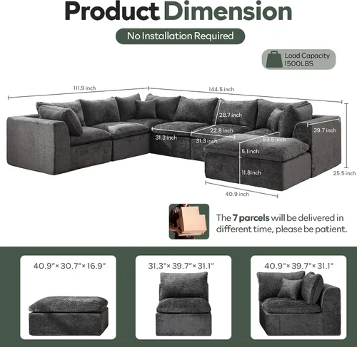 Vista 2 de STHOUYN Sofás de Nube Modernos Extragrandes de 145" para Sala de Estar, Sofá Seccional Modular Grande de 7 Asientos, Sofá Seccional Convertible Gris