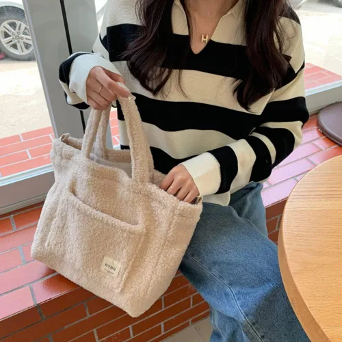 Vista 3 de Bolso cruzado de vellón de peluche Sherpa para mujer, bolso de hombro mullido de felpa Hobo bolso peludo suave otoño invierno