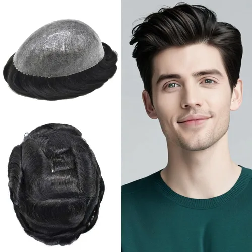 Vista 370 de Toupee para hombre 100% cabello humano real tupé para hombres 0.004 in piel de poliuretano para hombre, sistema de reemplazo de piezas de pelo