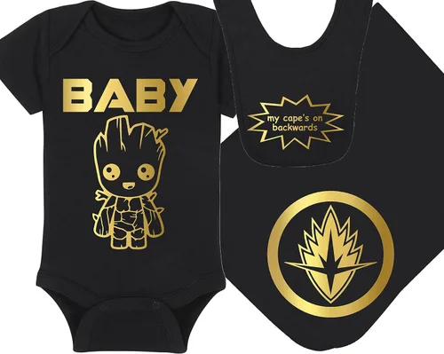 Vista 10 de Baby Groot - Mameluco de superhéroe para bebé, sombrero, manta, combinaciones de paquetes de babero