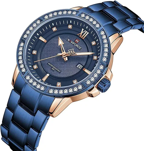 Vista 2 de NAVIFORCE diamante acero inoxidable analógico cuarzo relojes para hombres impermeable reloj calendario clásico reloj luminoso
