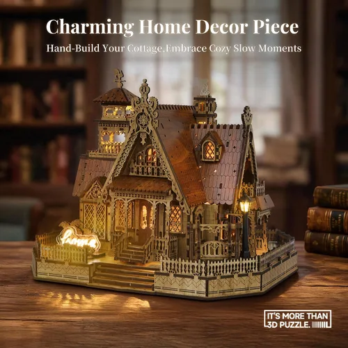 Vista 6 de FUNPOLA Rompecabezas de madera 3D modelo de casa de campo – Kit de construcción en miniatura con luces LED de chispa – Arquitectura rural