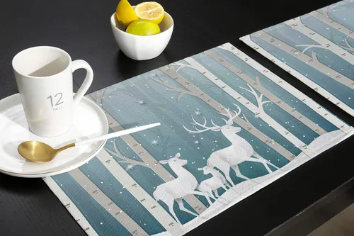 Vista 5 de Mantel individual de invierno para mesa de comedor, juego de 4 manteles individuales de Navidad, lino y algodón, impermeable, tapete individual