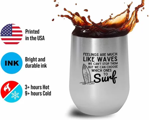 Vista 3 de Surfing Silver Edition Wine Tumbler 12oz - Feelings like waves - Surfing Enthusiast Gifts Water Sport Surfboard Athletics Hobby Beach Sea Windsurf