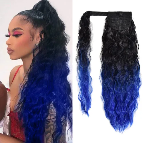 Vista 10 de Extensión de cola de caballo con clip de onda de maíz, 22 pulgadas de largo, ondulado, rizado, envolvente, resistente al calor, sintético, postizo
