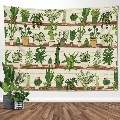 Vista 18 de HVEST Tapiz de cactus con diseño de plantas suculentas del desierto tropical en estante de madera, tapiz para colgar en la pared, acuarela botánica