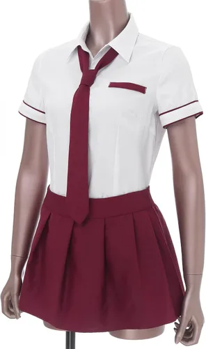 Vista 4 de FEESHOW Conjunto de uniforme para mujer, disfraz de cosplay con falda a cuadros Borgoña