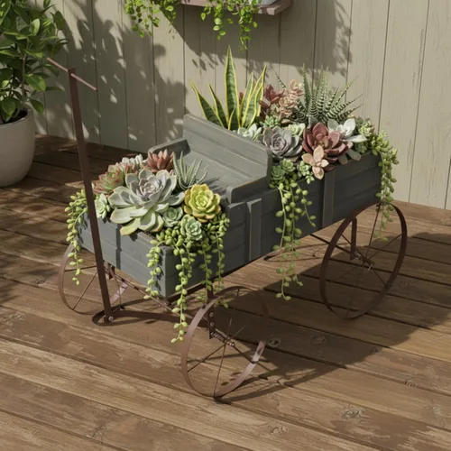 Vista 7 de Shine Company Maceta decorativa de jardín de carro, decoración de patio de madera para plantas al aire libre, pequeña, gris