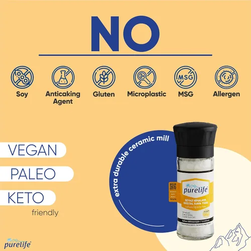 Vista 3 de Purelife Sal blanca del Himalaya gruesa – Sal de roca del Himalaya sin refinar con minerales Condimento natural gourmet en botella de vidrio