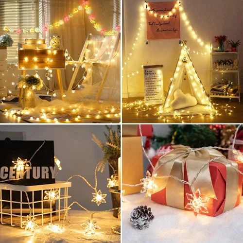 Vista 8 de Vigdur Paquete de 2 luces de copo de nieve de Navidad - 20 luces LED de copo de nieve en cadena que funcionan con pilas con temporizador, luces