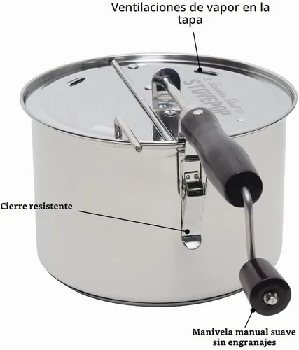 Vista 4 de Palomitas de maíz StovePop de acero inoxidable - Manivela sin engranajes, tapa magnética, 5.7 L - Compatible con estufa de inducción