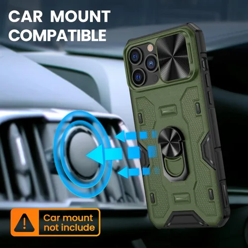 Vista 5 de VEGO Funda con soporte para iPhone 13 Pro Max / 12 Pro Max de 6.7 pulgadas con cubierta deslizante para lente, soporte de anillo giratorio de 360