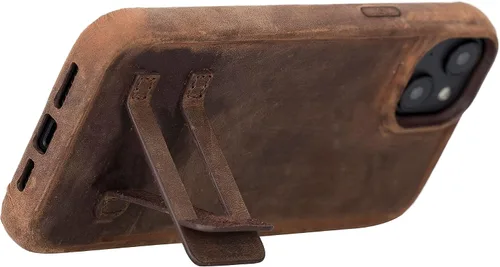 Vista 4 de Bayelon Funda de casco para iPhone 14 Plus - Funda delgada 360 de grano completo - Funda de cuero con función de atril (marrón oscuro)