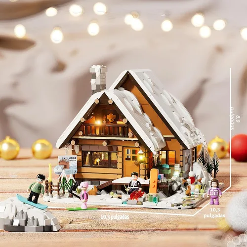 Vista 6 de FUNWHOLE Juego de ladrillos de construcción de iluminación de cabaña de esquí de Navidad, colección retro de casa de nieve de invierno, luz LED