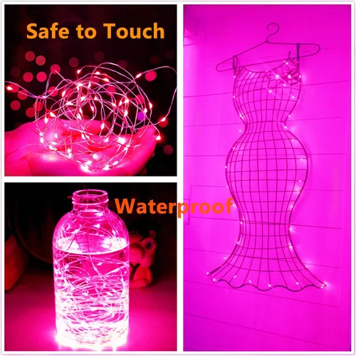 Vista 3 de Mini luces de hadas rosas, funcionan con pilas, 20 luces LED con cable plateado de 7 pies, luces de hadas para decoración de Navidad, Halloween