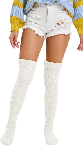 Vista 3 de YELAIVP Calcetines altos hasta el muslo para mujer, por encima de la rodilla, calcetines largos y cálidos, calentadores de piernas