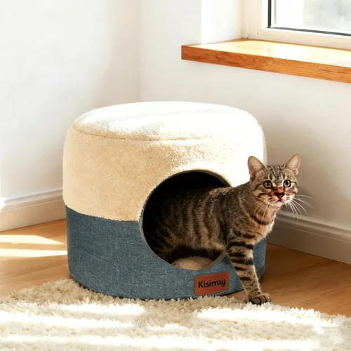 Vista 12 de Cueva de cama para gatos de interior, 2 en 1 plegable para gatos y cama lounge con cojín reversible, casa cerrada calmante y antiansiedad