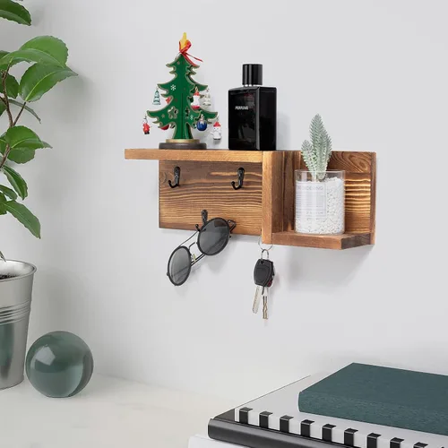 Vista 2 de AKKO Soporte de madera para llaves decorativo de pared, organizador de correo y llaves con 4 ganchos para llaves y estante flotante en forma de "Z