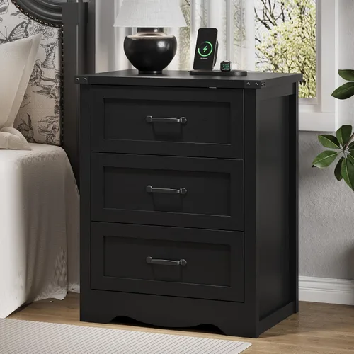 Vista 21 de Mesita de noche con 3 cajones, mesa auxiliar de 61 cm de ancho estilo granja, mesa de noche de madera rústica con asa metálica, cómoda moderna