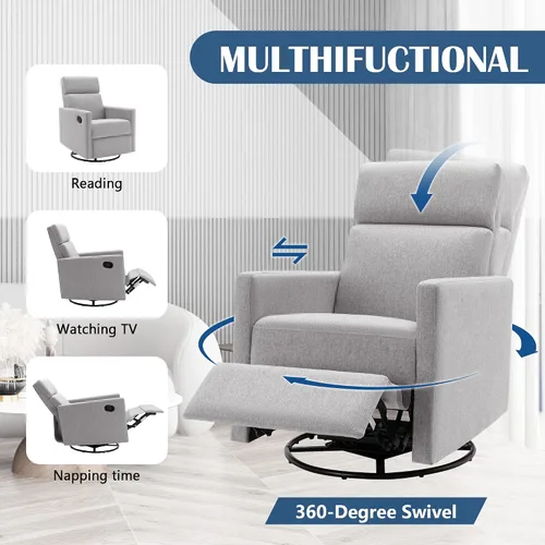 Vista 5 de LUMISOL Silla reclinable giratoria para adultos, silla deslizante giratoria para guardería, sofá individual reclinable manual, tapizada en lino