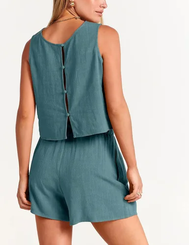 Vista 5 de GIVENUAN - Conjunto de 2 piezas de verano para mujer, conjunto de pantalones cortos de lino con cuello redondo, camiseta corta sin mangas