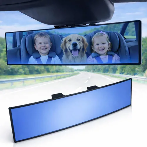 Vista 10 de Espejo retrovisor ICBEAMER de 9.4 pulgadas con clip Tinte azul convexo, vidrio panorámico de gran angular HD, antirreflejo, ajuste universal