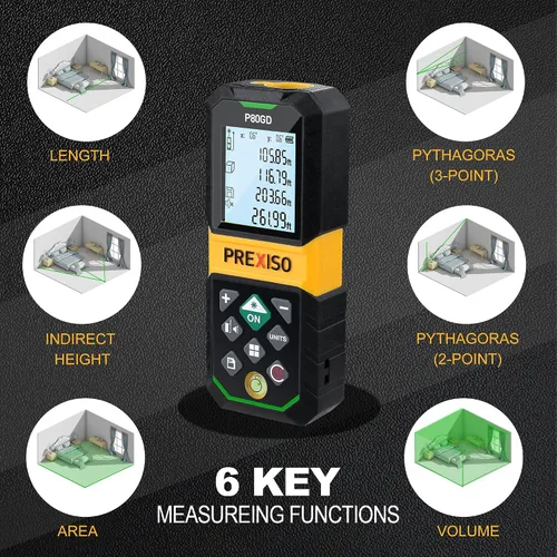 Vista 5 de PREXISO Medidor Láser Recargable, Herramienta de Medición Láser de Haz Verde de 265 Pies con Sensor de Ángulo y Almacenamiento de 30 Conjuntos